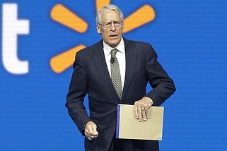 FILE - Walmart Chairman Rob Walton speaks at the company shareholders meeting in Fayetteville, June 5, 2015. (AP Photo/Danny Johnston, File)